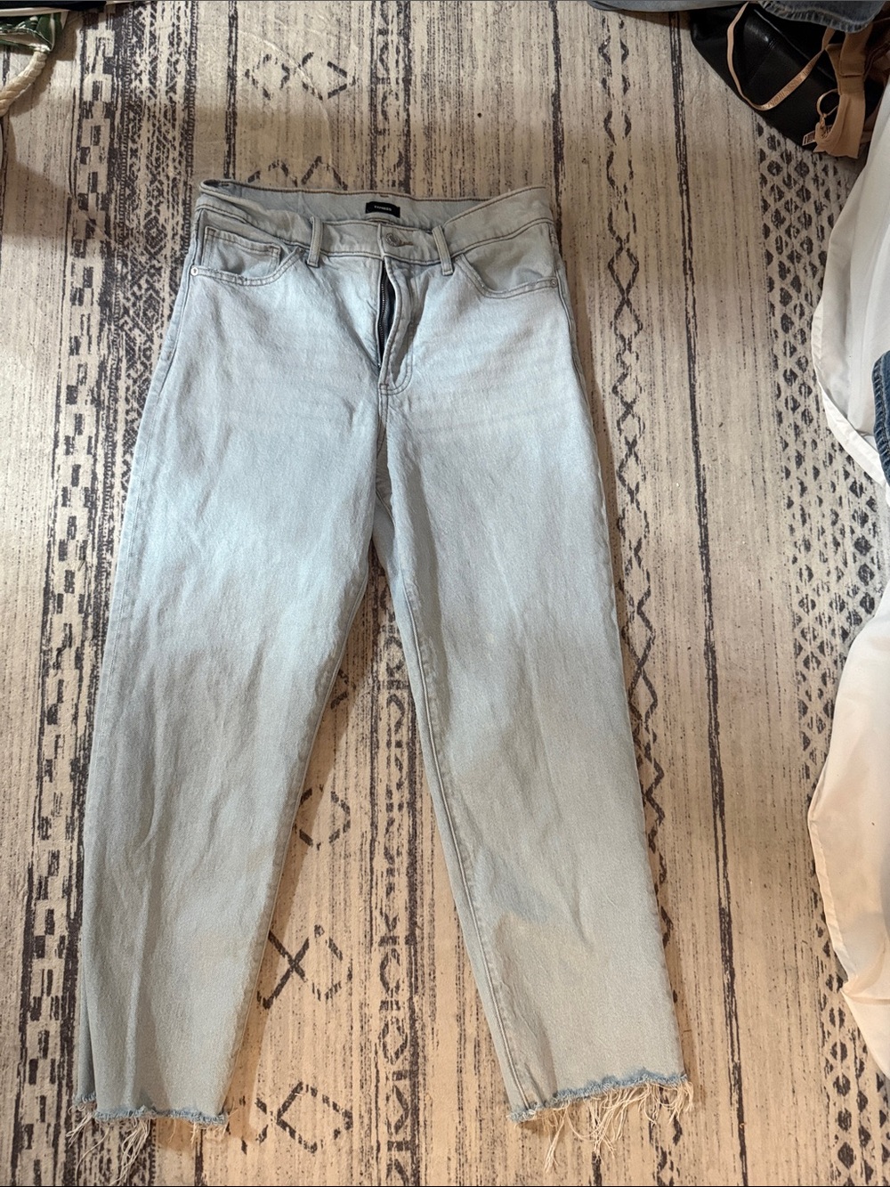 Express Light Blue Straight Leg Women's Jeans with Raw Hem